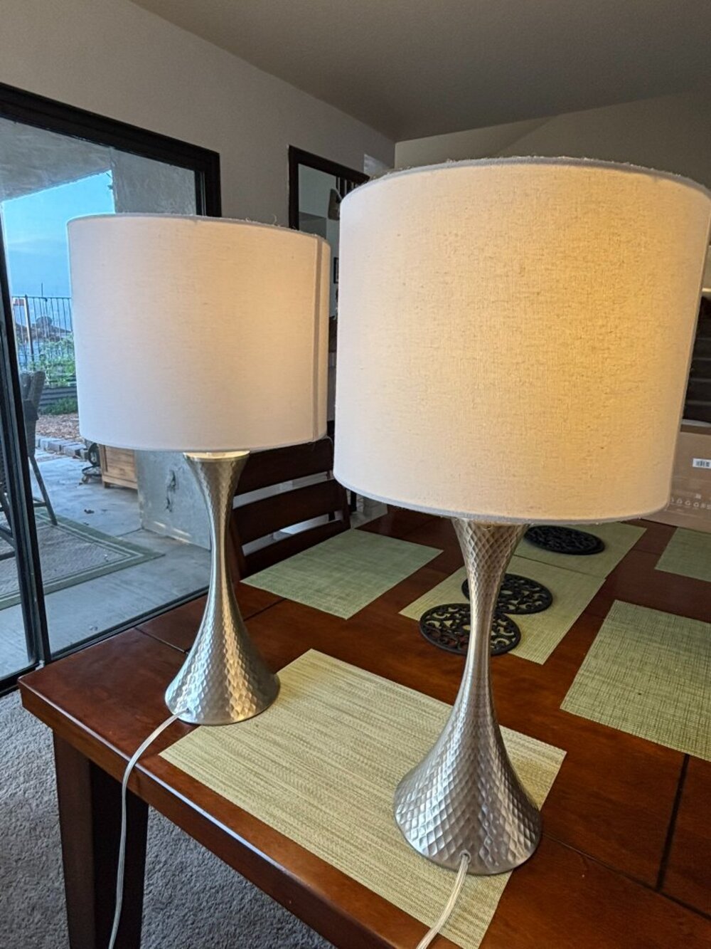 Set of 2 Modern Hammered Silver Table Lamps with Drum Shades – 27"